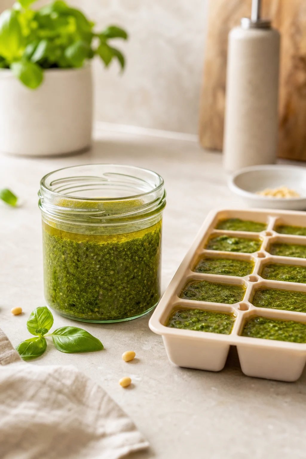 Pesto im Glas mit Ölschicht und Eiswürfel-Portionen