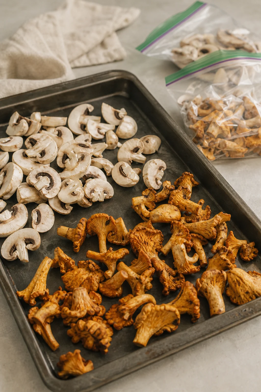 Champignons in Scheiben und gebratene Pilze auf dem Blech zum Einfrieren