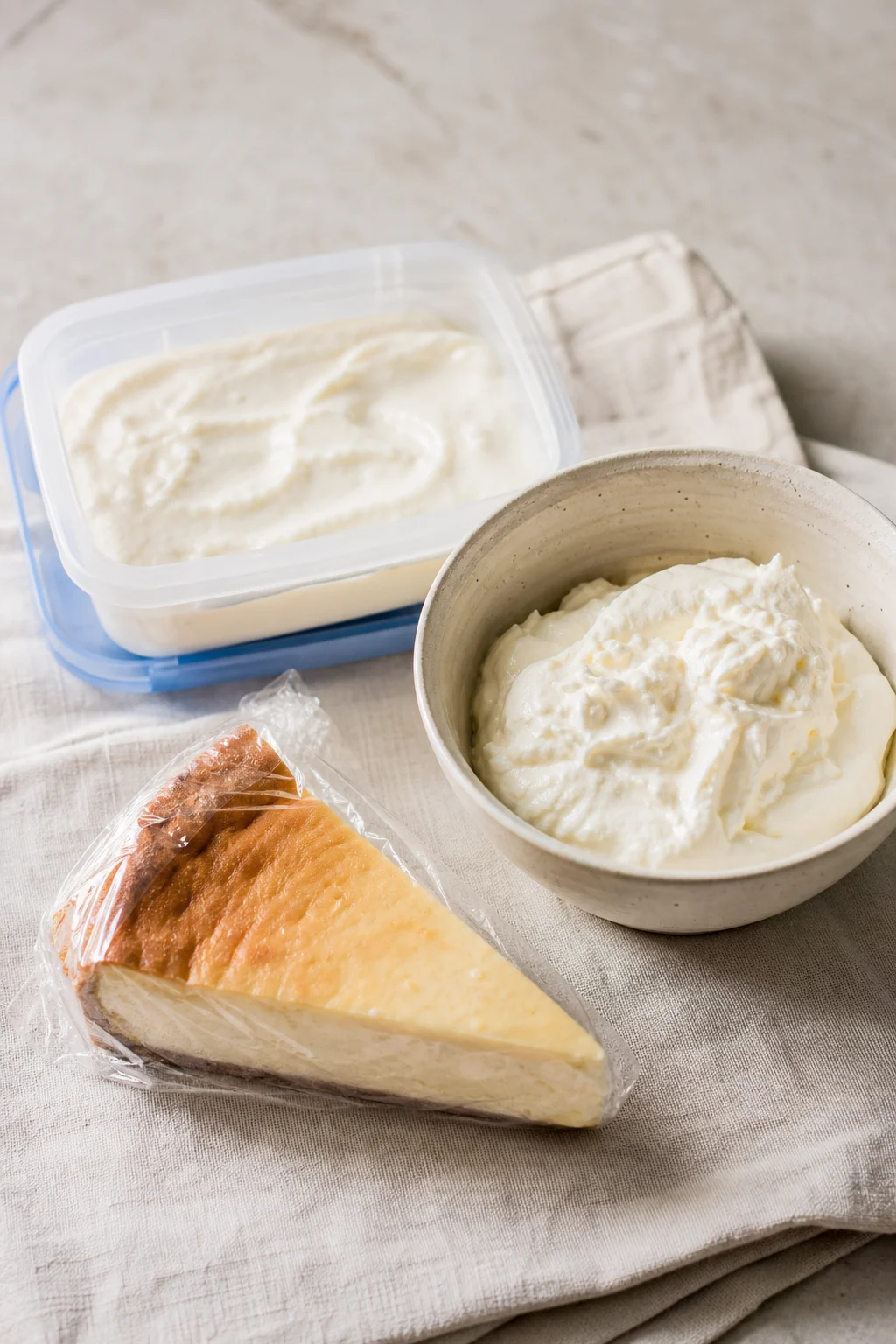 Quark und Käsekuchenstück zum Einfrieren vorbereitet