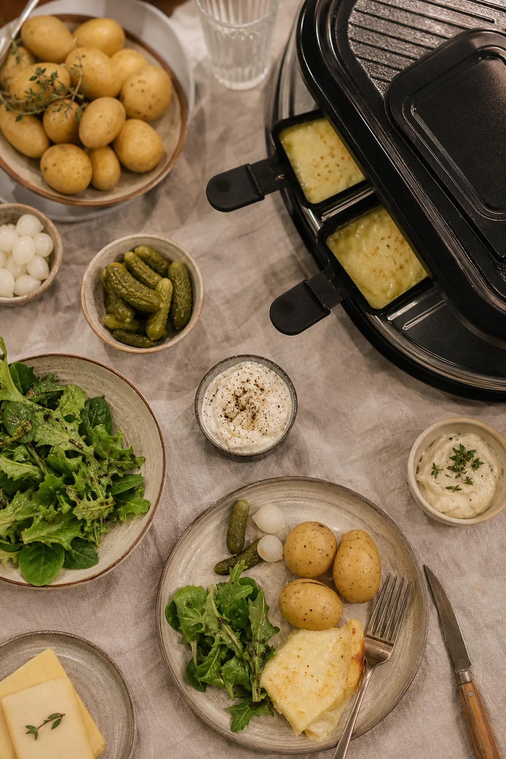 Raclette-Tisch mit Pellkartoffeln, Pickles und Beilagen