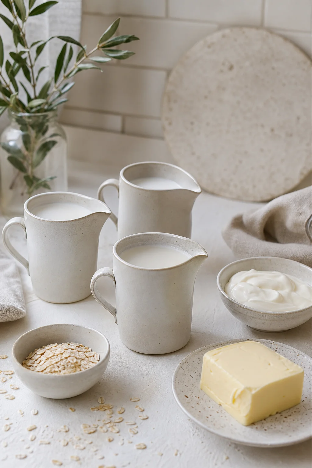 Milch, Butter, Crème fraîche und Kokosmilch als Sahne-Ersatz