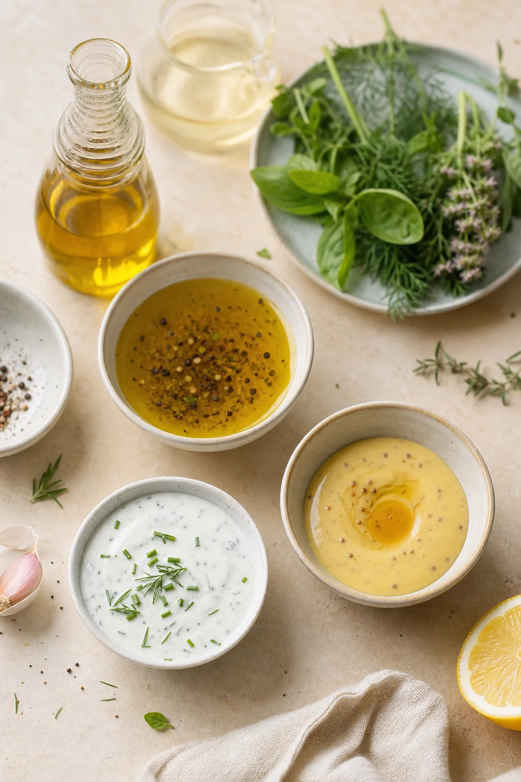Verschiedene selbst gemachte Salatdressings in Schälchen