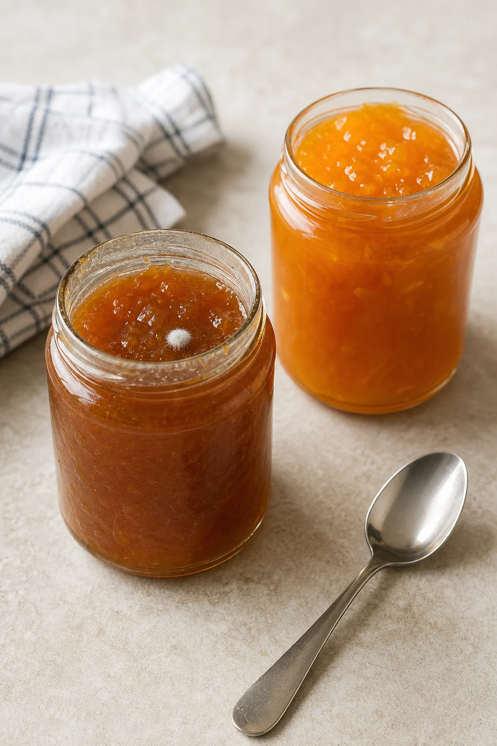 Schimmelfleck auf Marmelade im geöffneten Glas