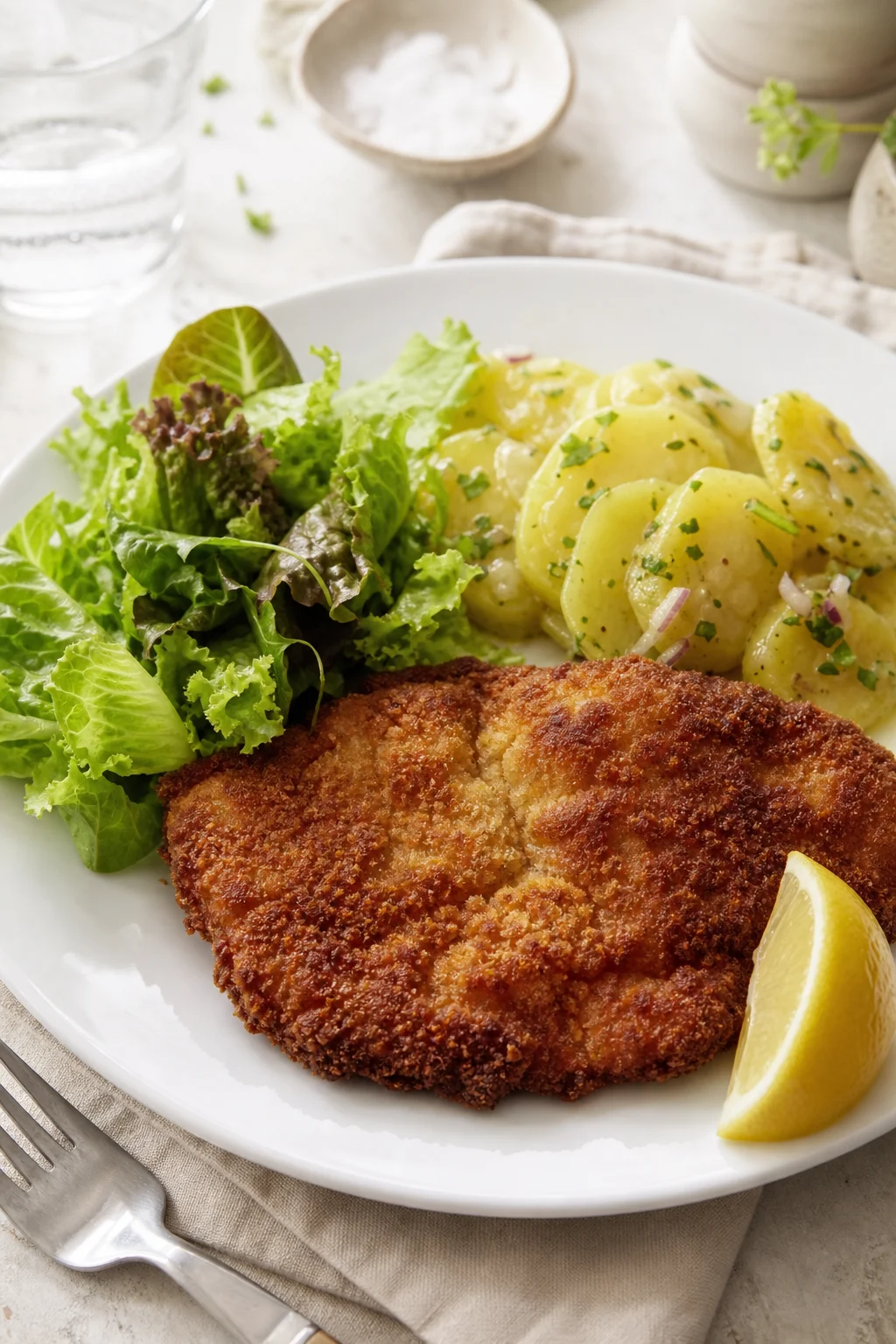Knuspriges Schnitzel mit Kartoffelsalat und Zitrone