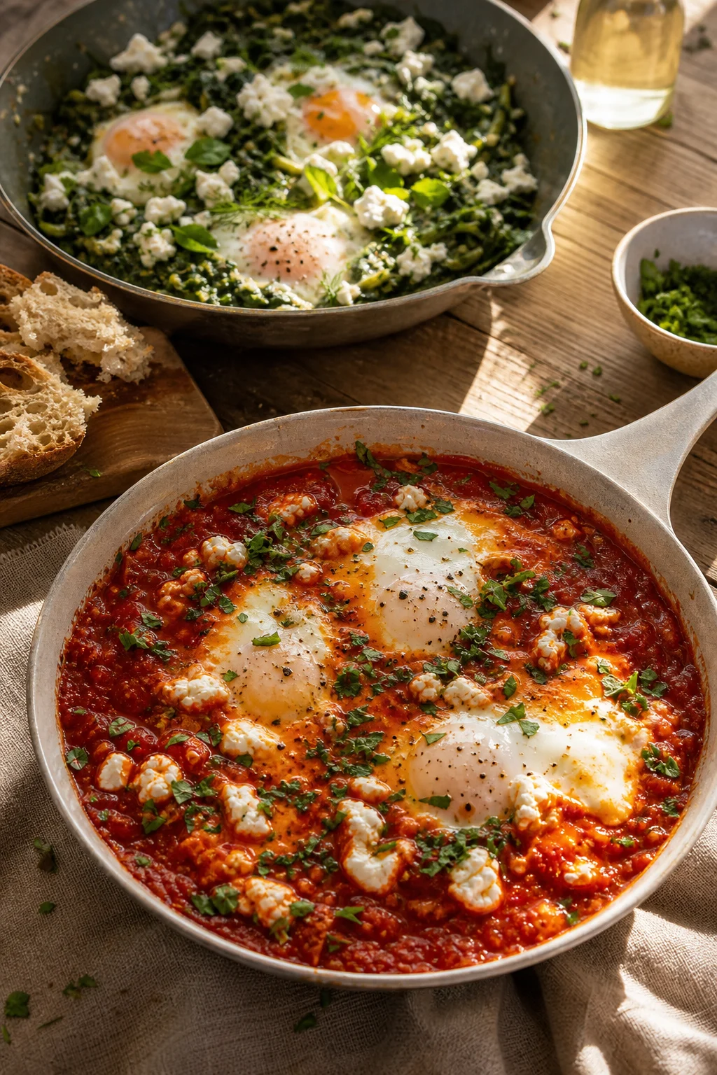 Rote und grüne Shakshuka-Variationen mit pochierten Eiern