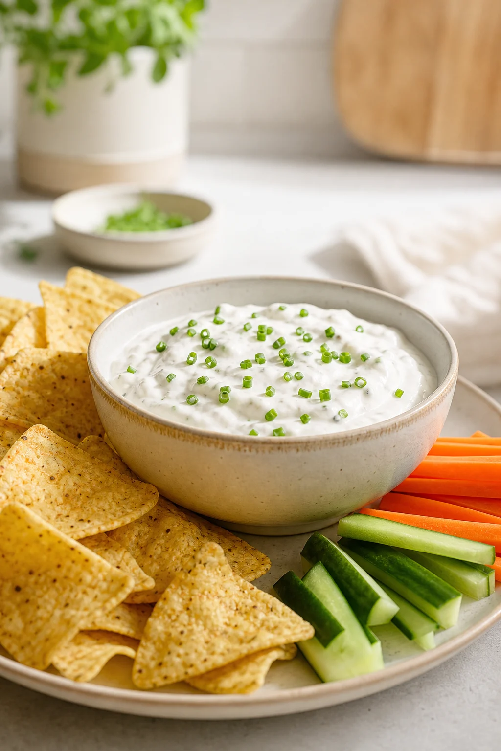 Sour-Cream-Dip mit Schnittlauch und Nachos