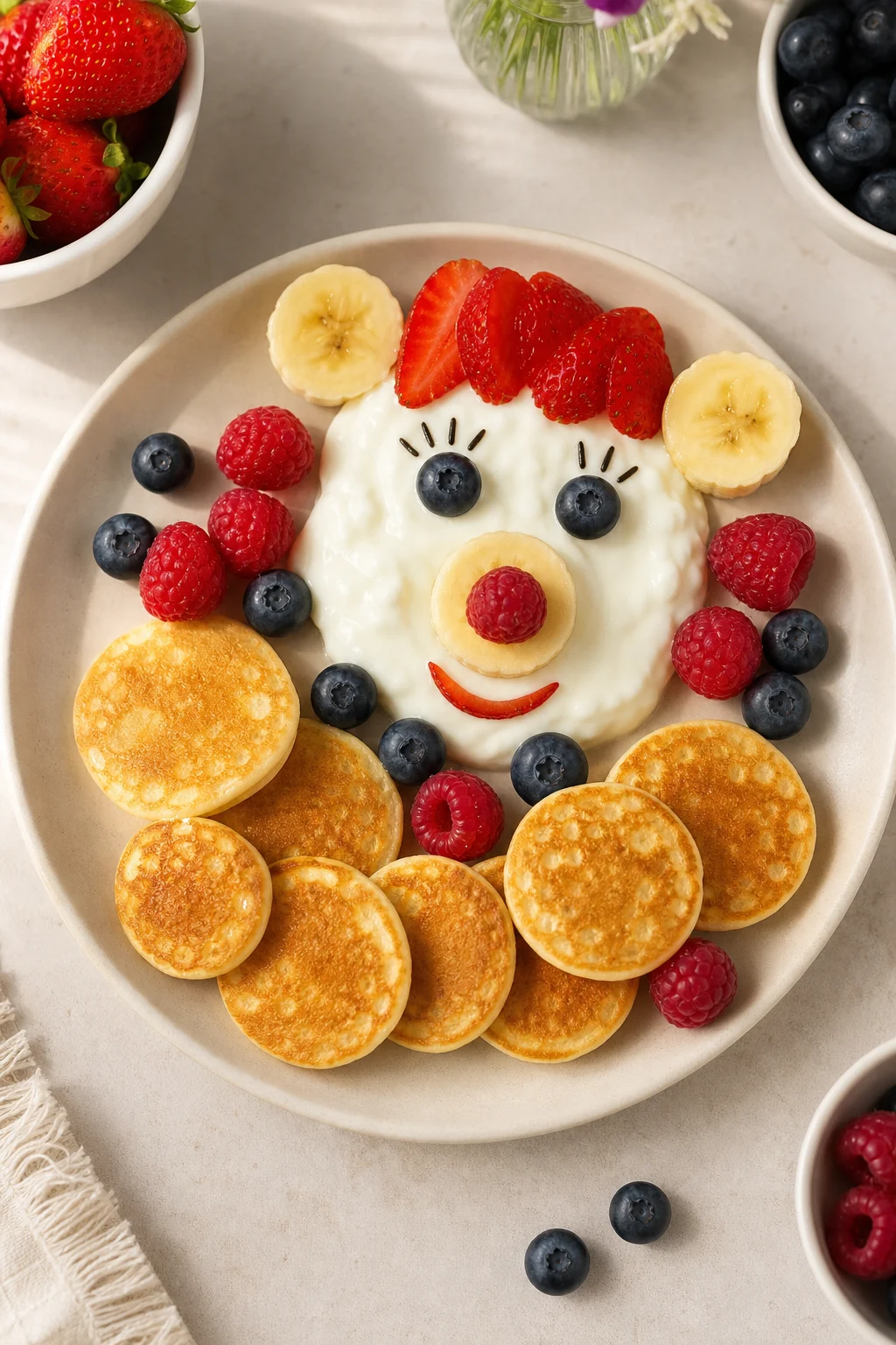 Kindgerechtes süßes Frühstück mit Pancakes und Obst