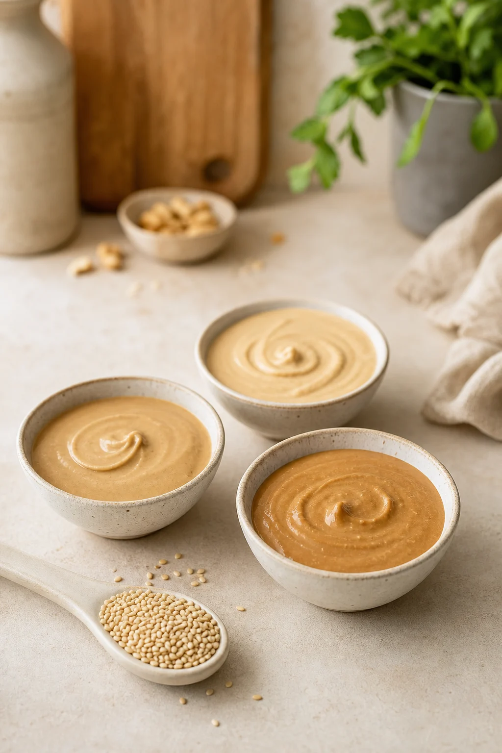Sesam-, Cashew- und Erdnussmus als Tahin-Alternativen