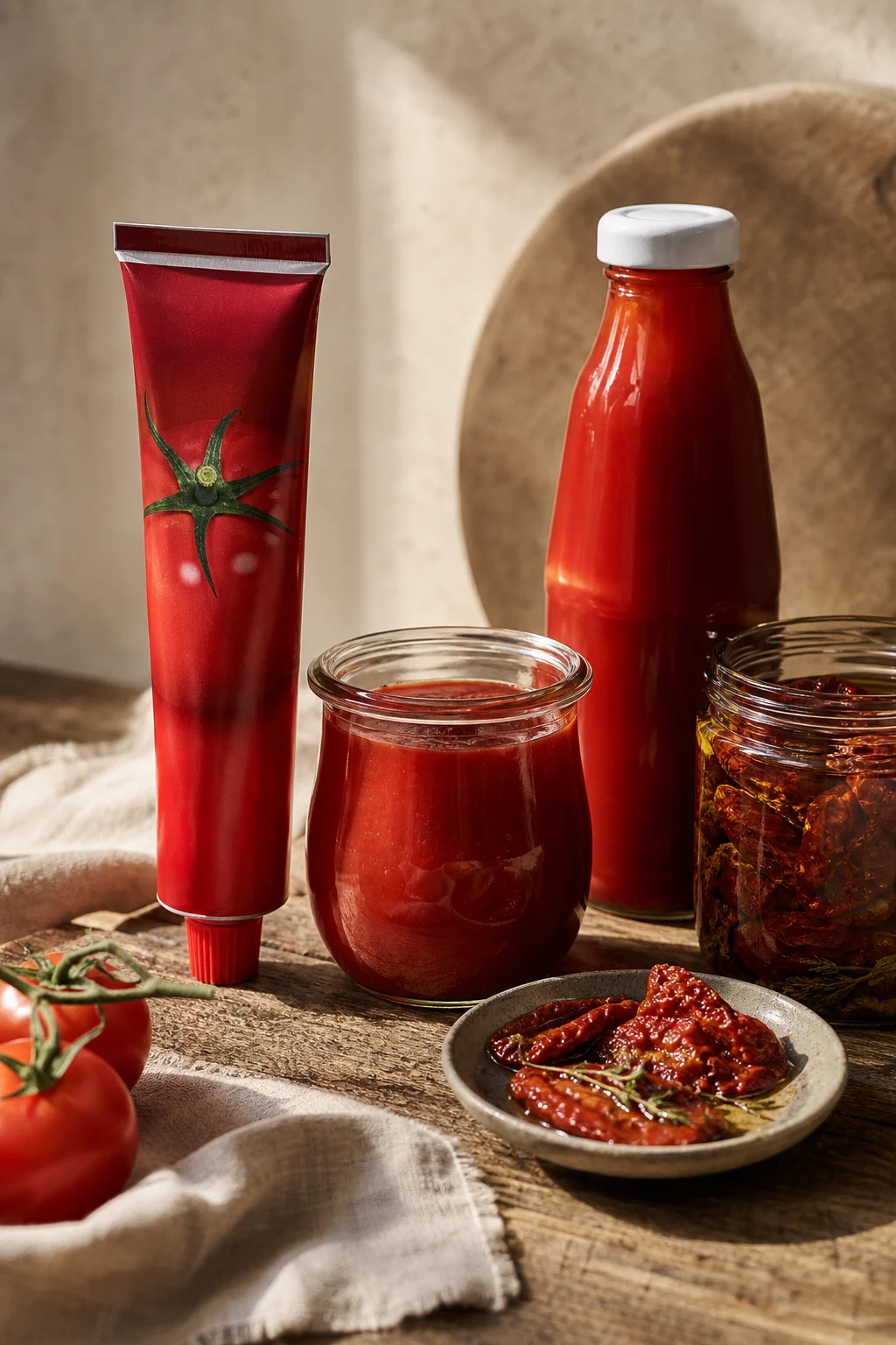 Passierte Tomaten, Ketchup und getrocknete Tomaten als Tomatenmark-Ersatz