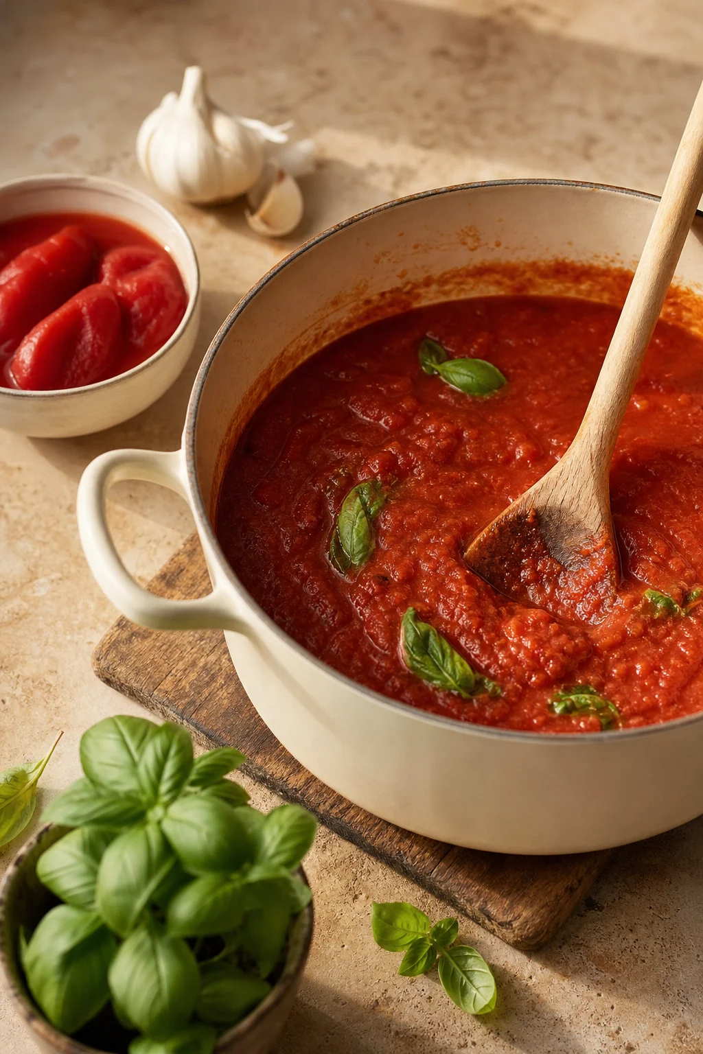 Sämige Tomatensauce im Topf mit Basilikum