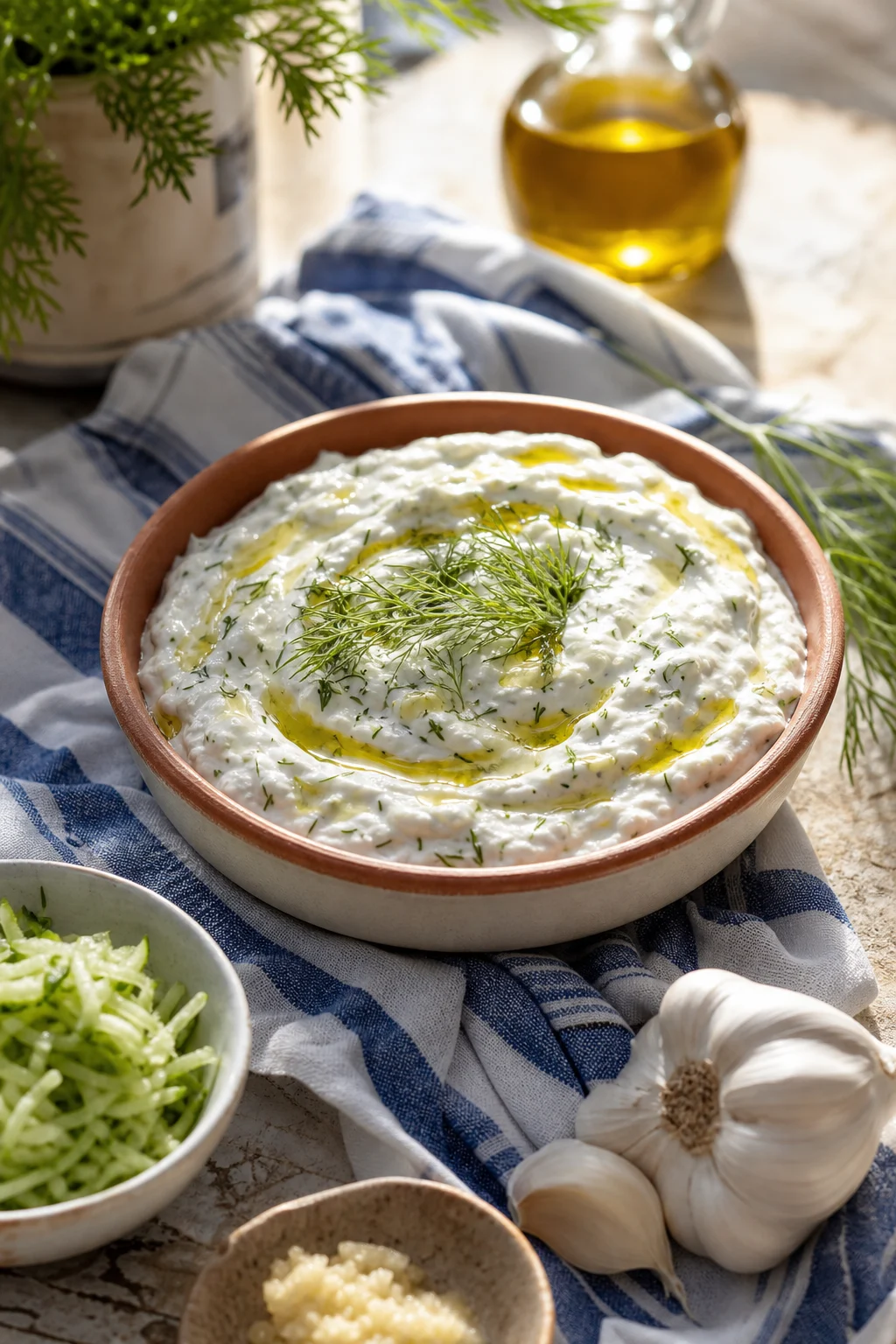 Festes Tzatziki mit Dill und Olivenöl in Tonschale