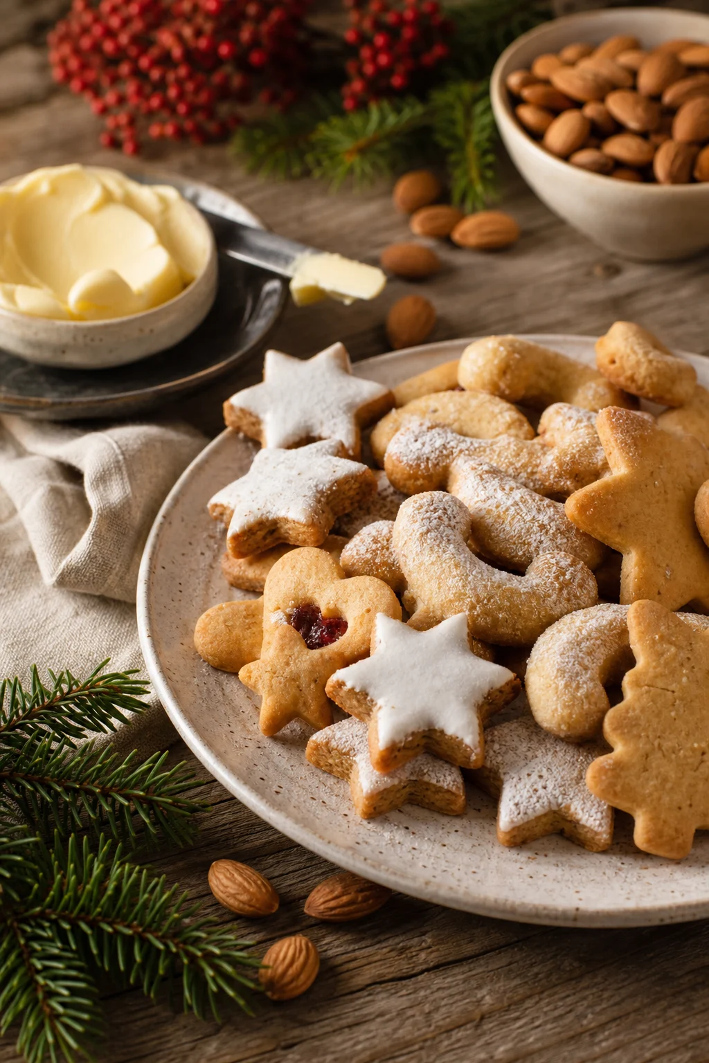 Verschiedene vegane Weihnachtsplätzchen auf einem Teller