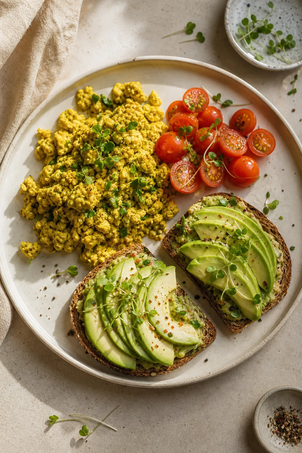 Veganes herzhaftes Frühstück mit Tofu-Rührei und Avocado