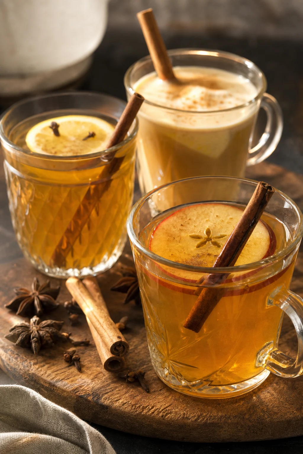 Verschiedene warme Winter-Cocktails in Gläsern