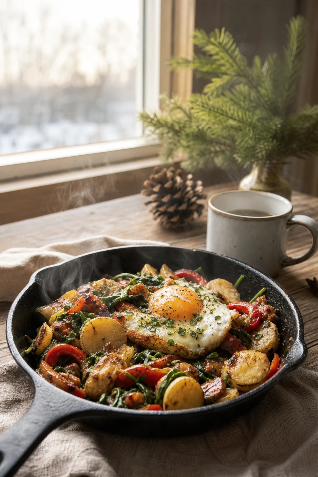 Warme herzhafte Frühstückspfanne an einem kalten Morgen