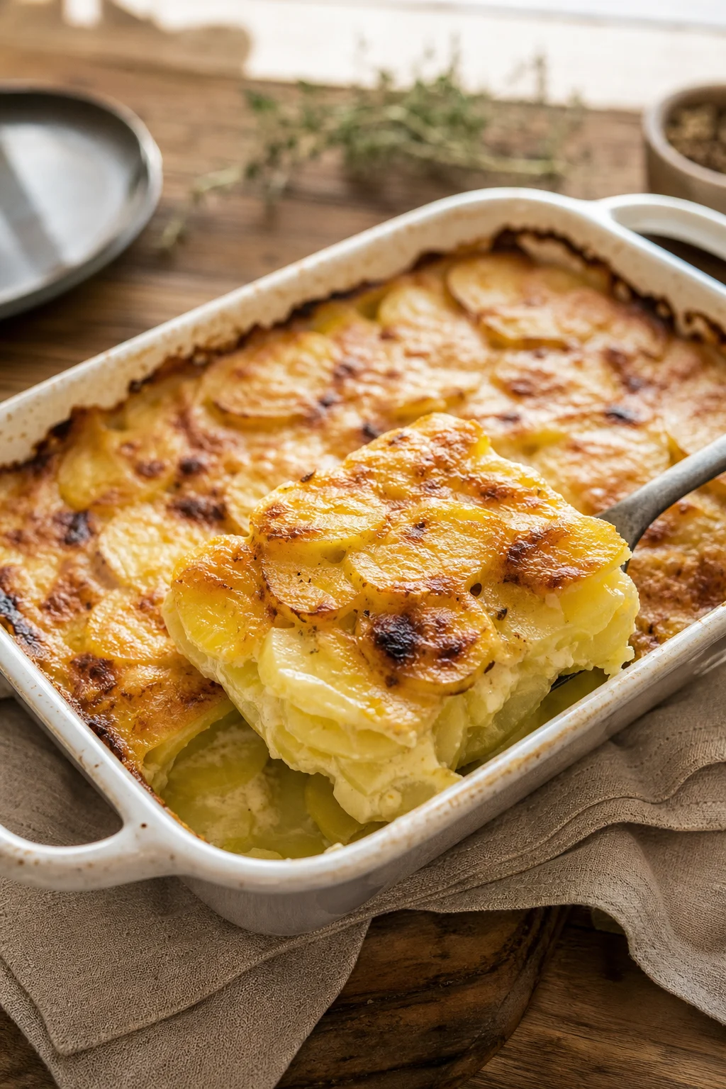 Goldbraun überbackenes Kartoffelgratin mit Kruste